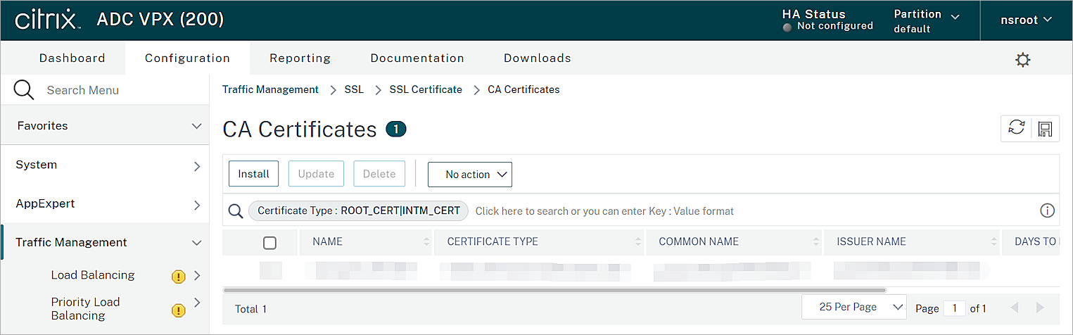 Screen shot of the CA Certificates
